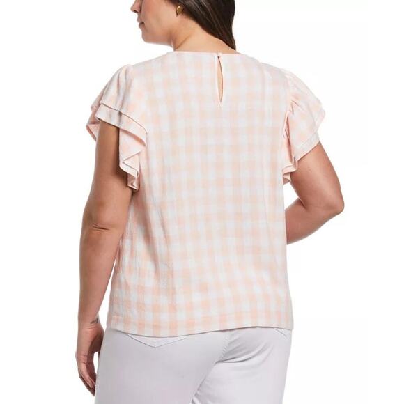 Ella Rafaella Linen Blend Plaided Flutter Short Sleeve Top Peach Melba Large NEW - Picture 2 of 8